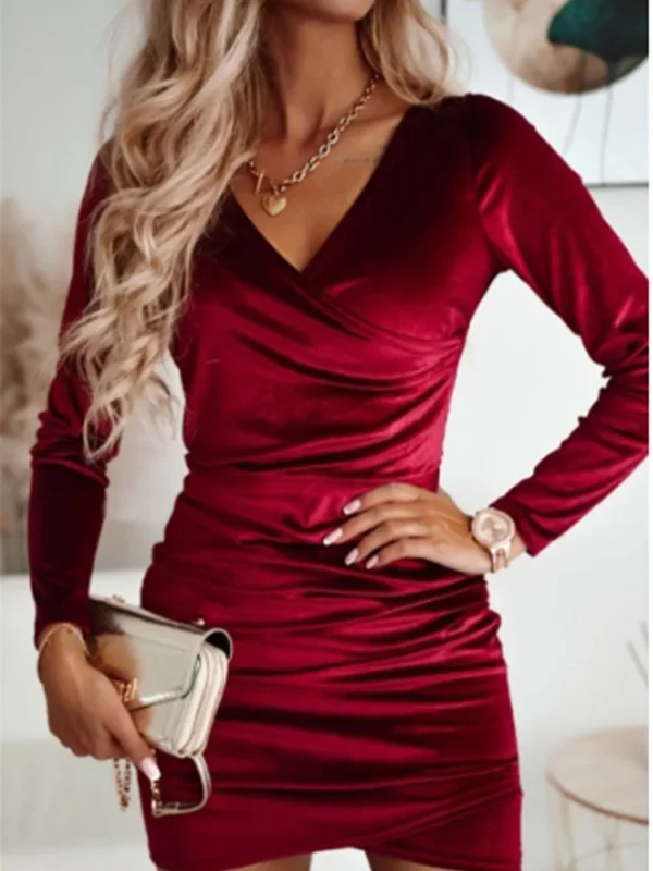 Elegant Red Prom Dresses: V-Neck Slim Mini Long Sleeve Party Dress