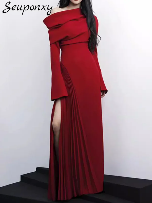 Elegant red prom dresses, off-shoulder, long-sleeved, draped design