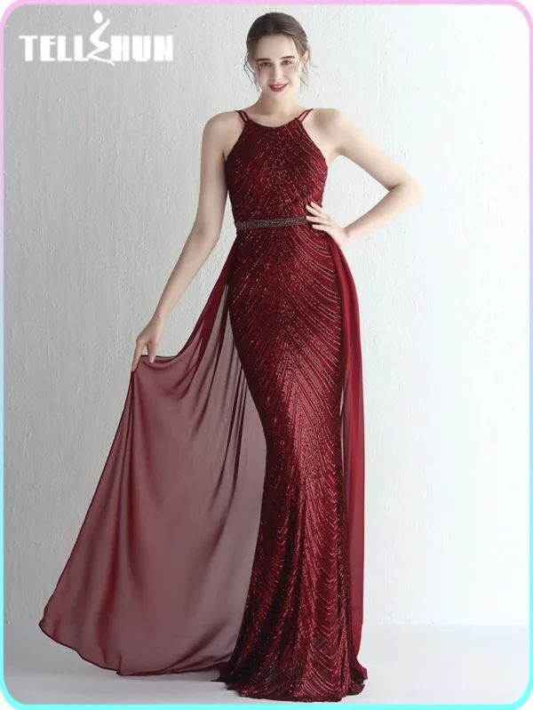 Elegant red prom dresses with detachable chiffon train for partie