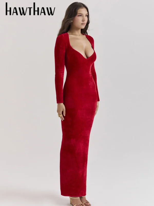 Red prom dresses: Velvet bodycon long sleeve party dresses wholesale - Image 3