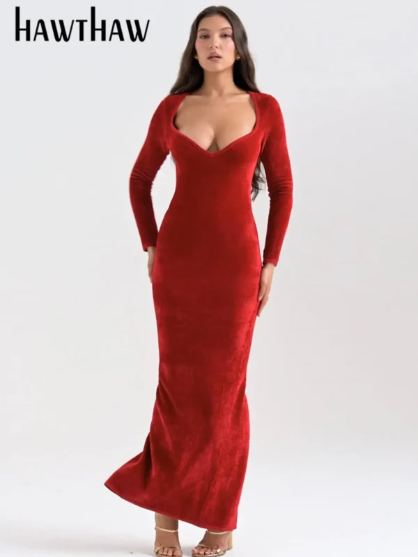 Red prom dresses: Velvet bodycon long sleeve party dresses wholesale - Image 2