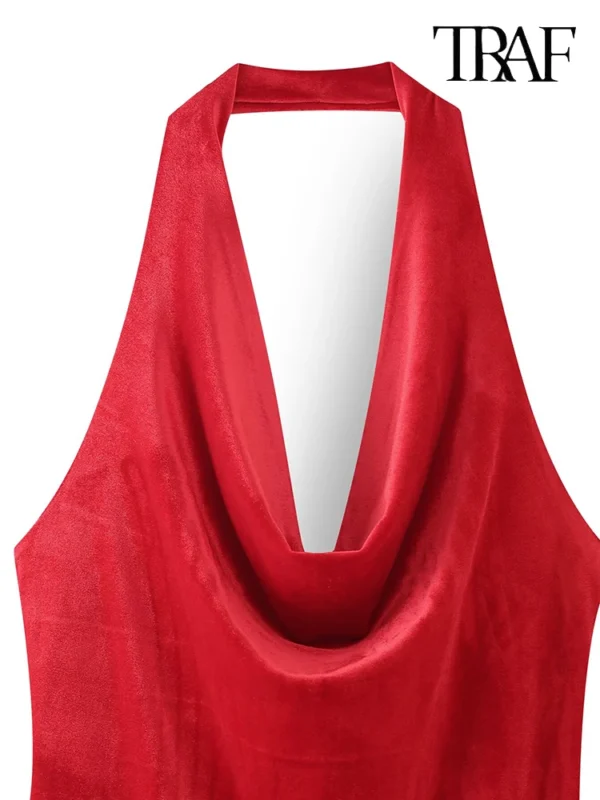 Elegant red prom dresses, backless velvet halter neck with chic split - Image 3