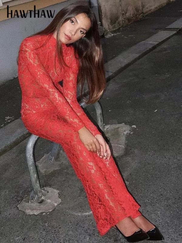 Red prom dresses: Women's lace see-through bodycon long sleeve party dress - Image 5