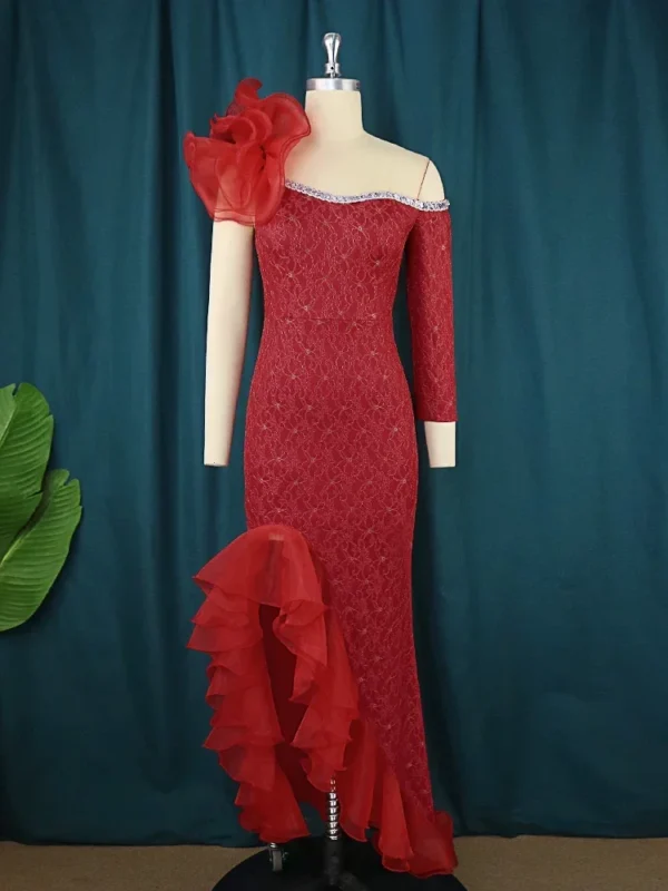 Sexy red prom dresses with one-shoulder ruffle and asymmetrical design - Image 2