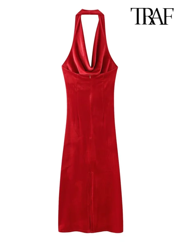 Elegant red prom dresses, backless velvet halter neck with chic split - Image 2