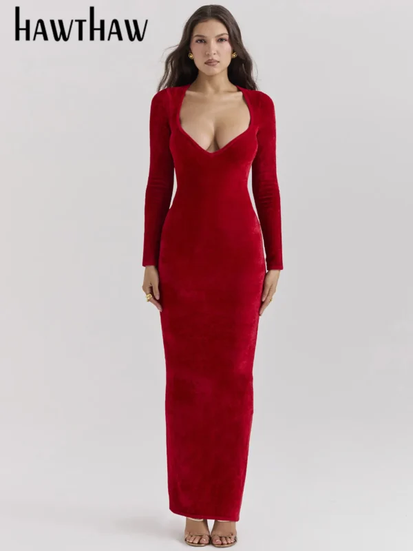 Red prom dresses: Velvet bodycon long sleeve party dresses wholesale