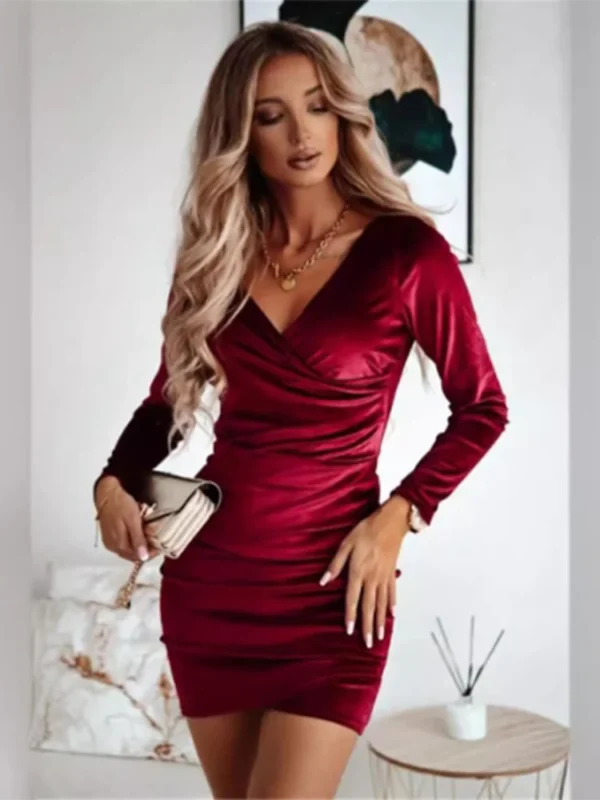 Elegant Red Prom Dresses: V-Neck Slim Mini Long Sleeve Party Dress - Image 2