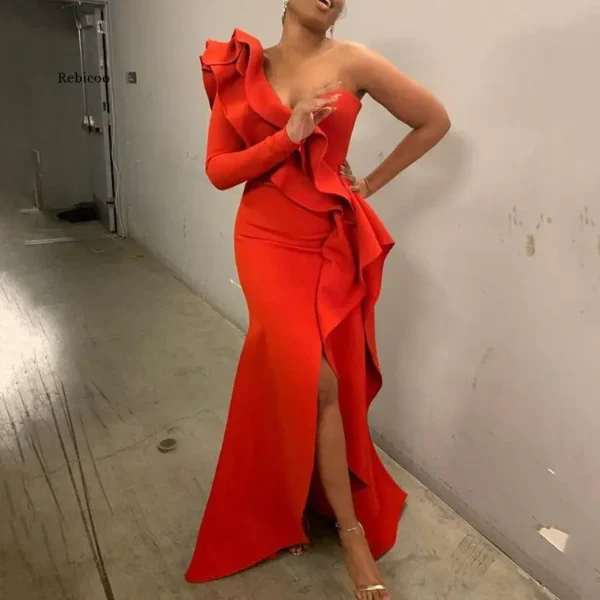 Elegant African Style One Shoulder Ruffle Split Bodycon Evening Dress