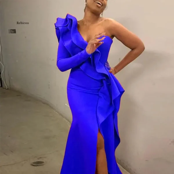Elegant African Style One Shoulder Ruffle Split Bodycon Evening Dress - Image 2