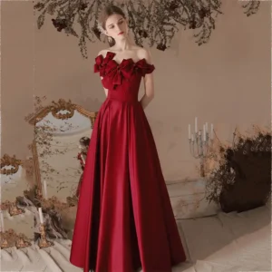 Red Strapless Long Elegant Dress For Women Wedding Birthday Party