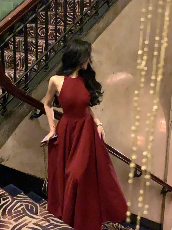 Red prom dresses, wine red A-line sleeveless romantic party gown - Image 4