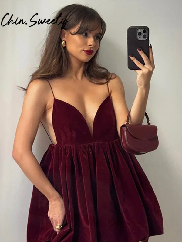 Wine Red Pleated V-Neck Sleeveless Backless Party Mini Dress Women