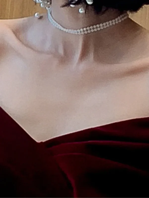 Red prom dresses, wine red off-shoulder velvet evening maxi gown - Image 5