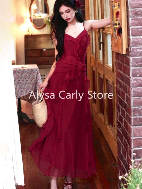 Red prom dresses with ruffles, strapless, elegant Y2K autumn party style - Image 5
