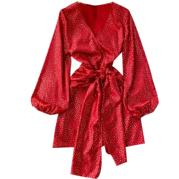 Christmas Prom Red Satin Deep V-neck Lantern Sleeve Party Dress - Image 6