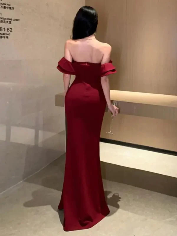 2025 Summer Red Off Shoulder Backless High Split Ruffle Party Dress - Image 3