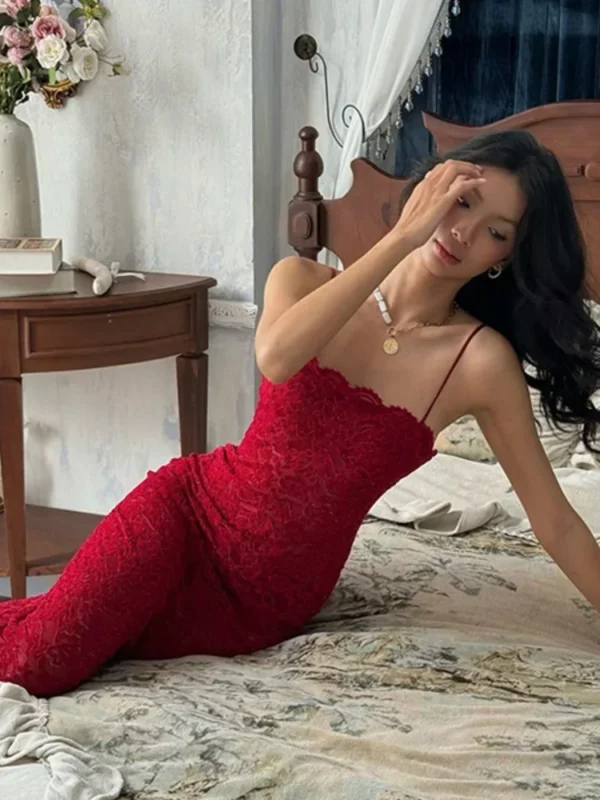 Elegant Red Lace Sling Dress Sleeveless Backless High Slit Maxi Gown - Image 6