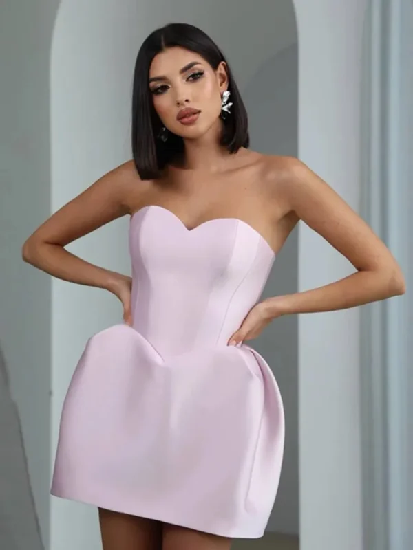 Red Prom Dresses Off Shoulder Backless Puff Pleated Hem Mini Dress - Image 5
