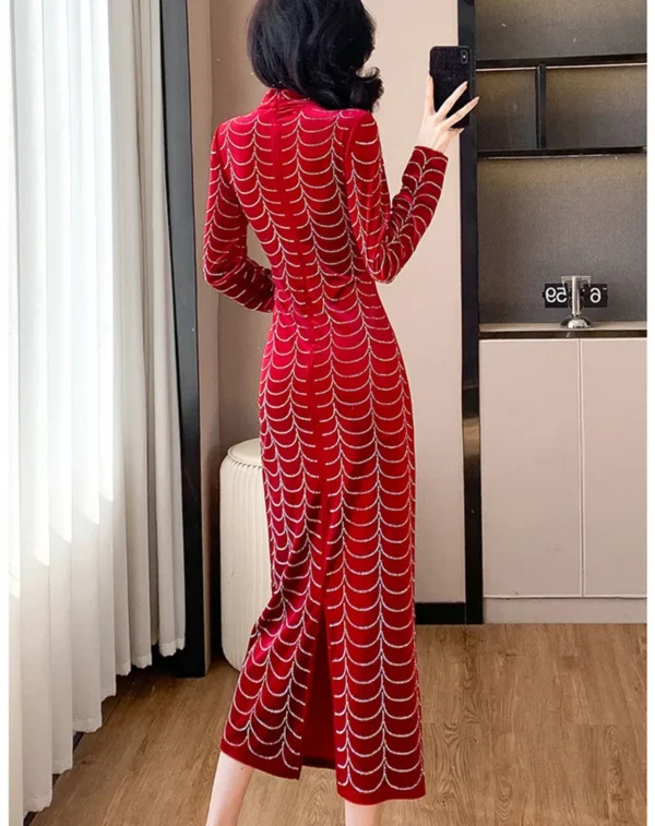 Red prom dresses, elegant velvet stand collar bodycon split evening gown - Image 3