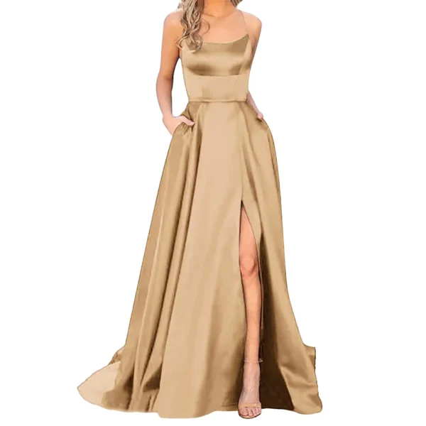 Red Prom Dresses Elegant Spaghetti Strap Slit Big Swing Evening Gown - Image 6
