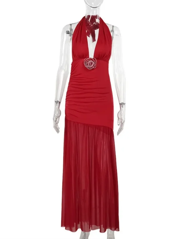 Elegant Red Halter Neck Backless Maxi Dress Women Wedding Prom - Image 5