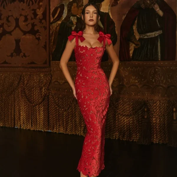 Elegant Red Spaghetti Strap Bodycon Maxi Dress For Gala Parties