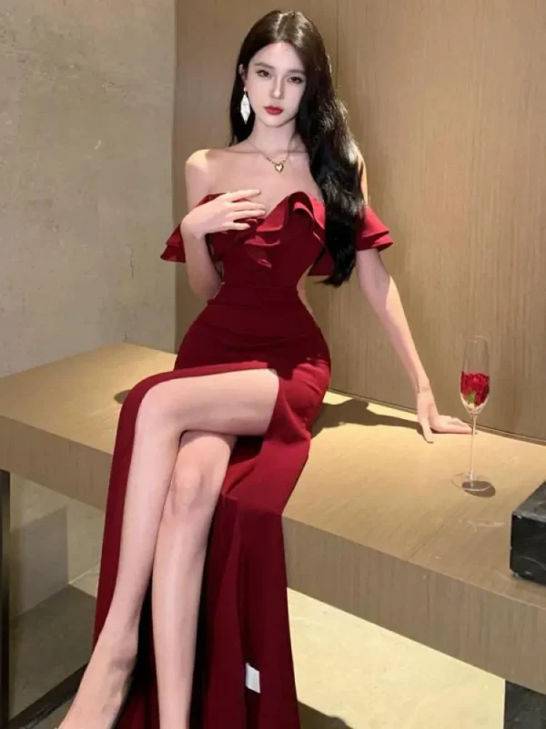 2025 Summer Red Off Shoulder Backless High Split Ruffle Party Dress - Image 2
