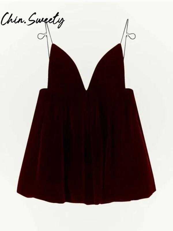 Wine Red Pleated V-Neck Sleeveless Backless Party Mini Dress Women - Image 6