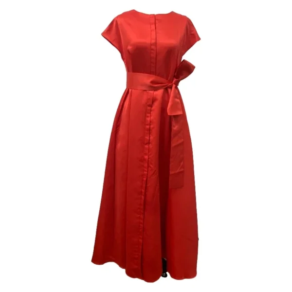 Red prom dresses, sleeveless round neck tied high-waisted pleated maxi - Image 4