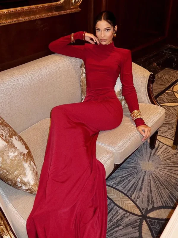 Red Prom Dresses Elegant Pleated Slim Fit Long Sleeve Gown 2024 - Image 5