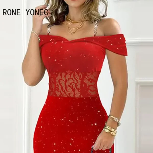 Red prom dresses with glitter lace, chain decor, and bodycon fit - Image 4