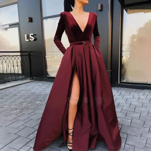 Fashion Deep V Wedding Floor-Length Red Evening Prom Dresses