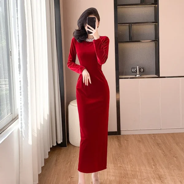 Red Prom Dresses Elegant Velvet Diamonds Sheath Slim Split Long Dress - Image 2