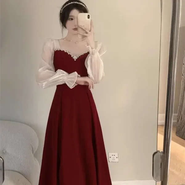 Wine Red Winter Bridal A-Line Slimming Luxury Evening Toast Dress - Image 5