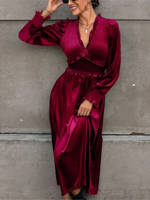 2025 Red Velvet V-neck Long Dress Elegant Vintage Prom Party Dress - Image 4