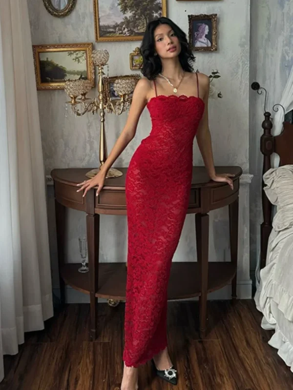 Elegant Vintage Red Lace Slim Backless High Slit Evening Dress - Image 5