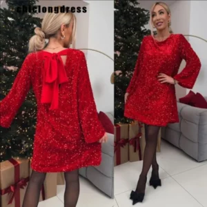 Elegant Red Sequin Bow Loose Dress For Women Christmas Party Wear