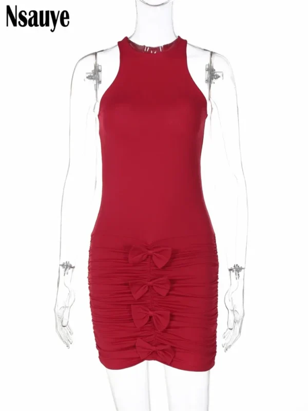 Red Prom Dresses Elegant Sleeveless Slim Fit Bow Backless Mini Dress - Image 5