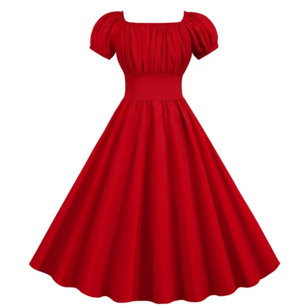 Red Black Women Summer Dress Puff Sleeve High Waist Midi Dress - Image 3