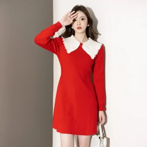 Red Knitted A-Line Sweater Dress Women Peter Pan Collar Pullover