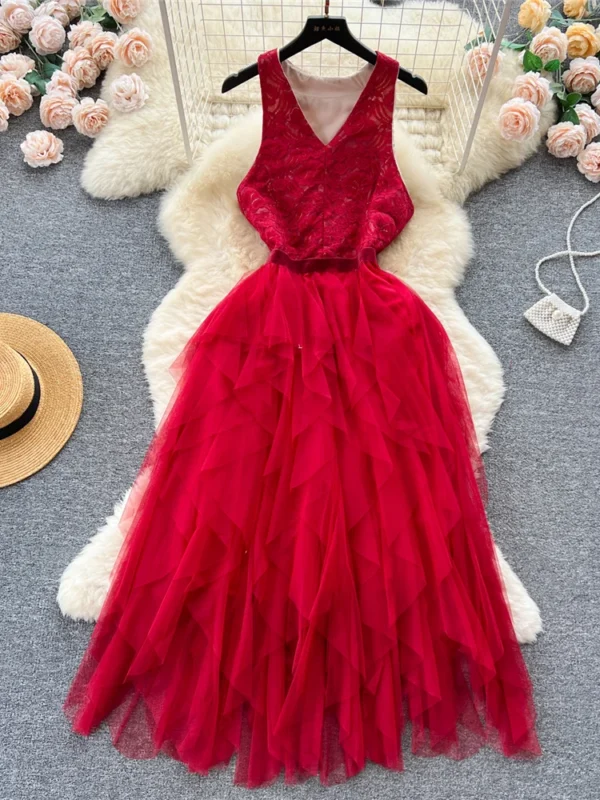 Red Prom Dresses: Summer Rose V-Neck Sleeveless A-Line Dress - Image 2