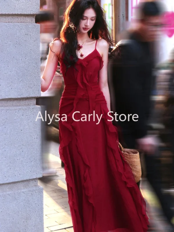 Red prom dresses with ruffles, strapless, elegant Y2K autumn party style - Image 3