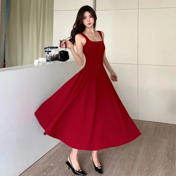 Red Square Collar Spaghetti Strap Backless Swing Prom Party Dress
