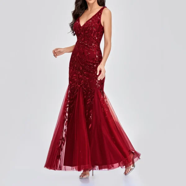 Red Embroidered Beaded Deep V Neck Fishtail Maxi Evening Dress - Image 3