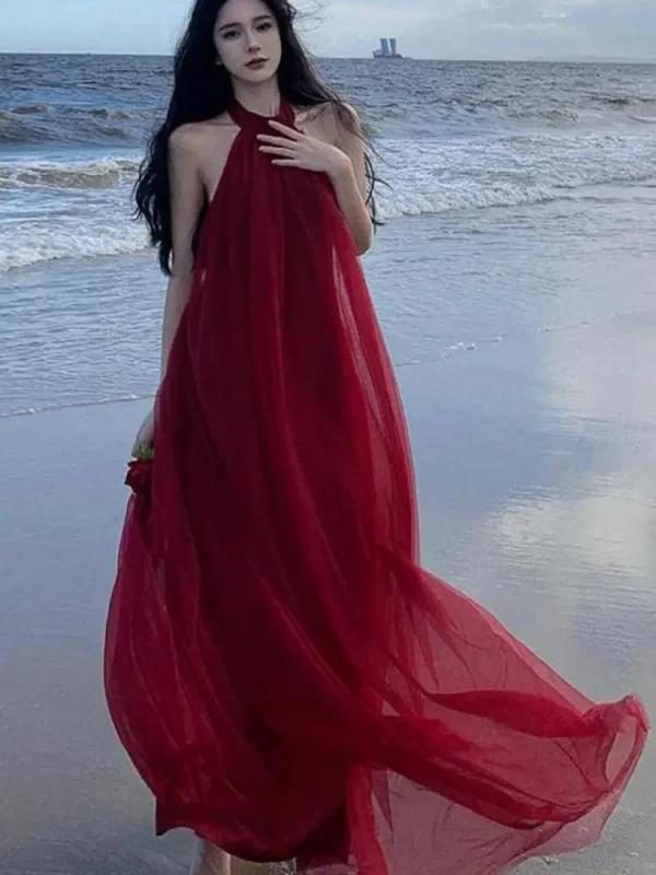French Red Elegant Halter Mesh Backless Bandage Long Party Dress - Image 4