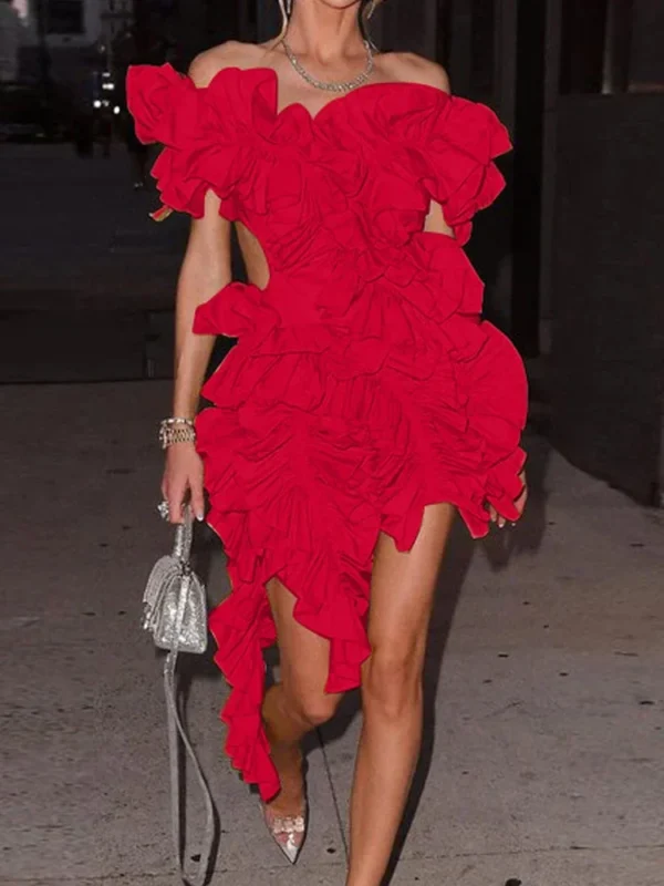 Luxury Red Sexy Ruffles Sleeveless Backless Ruched Party Prom Dress