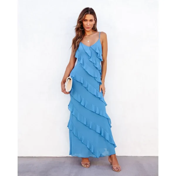 2025 Elegant Red Chiffon Slip Dress Spaghetti Strap Backless Maxi - Image 4