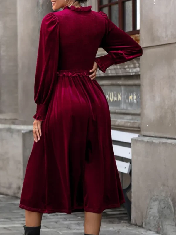 2025 Red Velvet V-neck Long Dress Elegant Vintage Prom Party Dress - Image 3