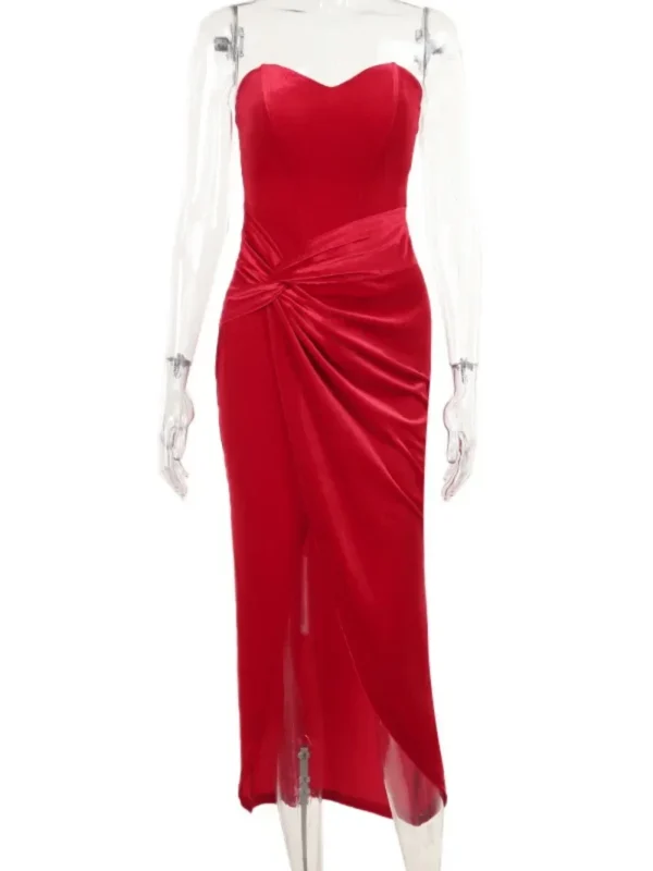 Elegant Red Strapless Sleeveless High Waist Split Evening Prom Dress - Image 5