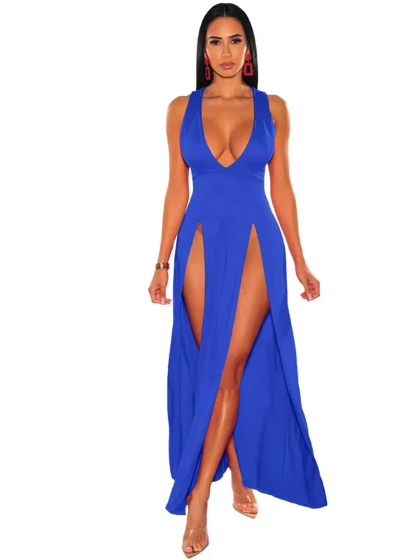 Red Prom Dresses Sexy Deep V Neck High Split Bodycon Evening Maxi - Image 3